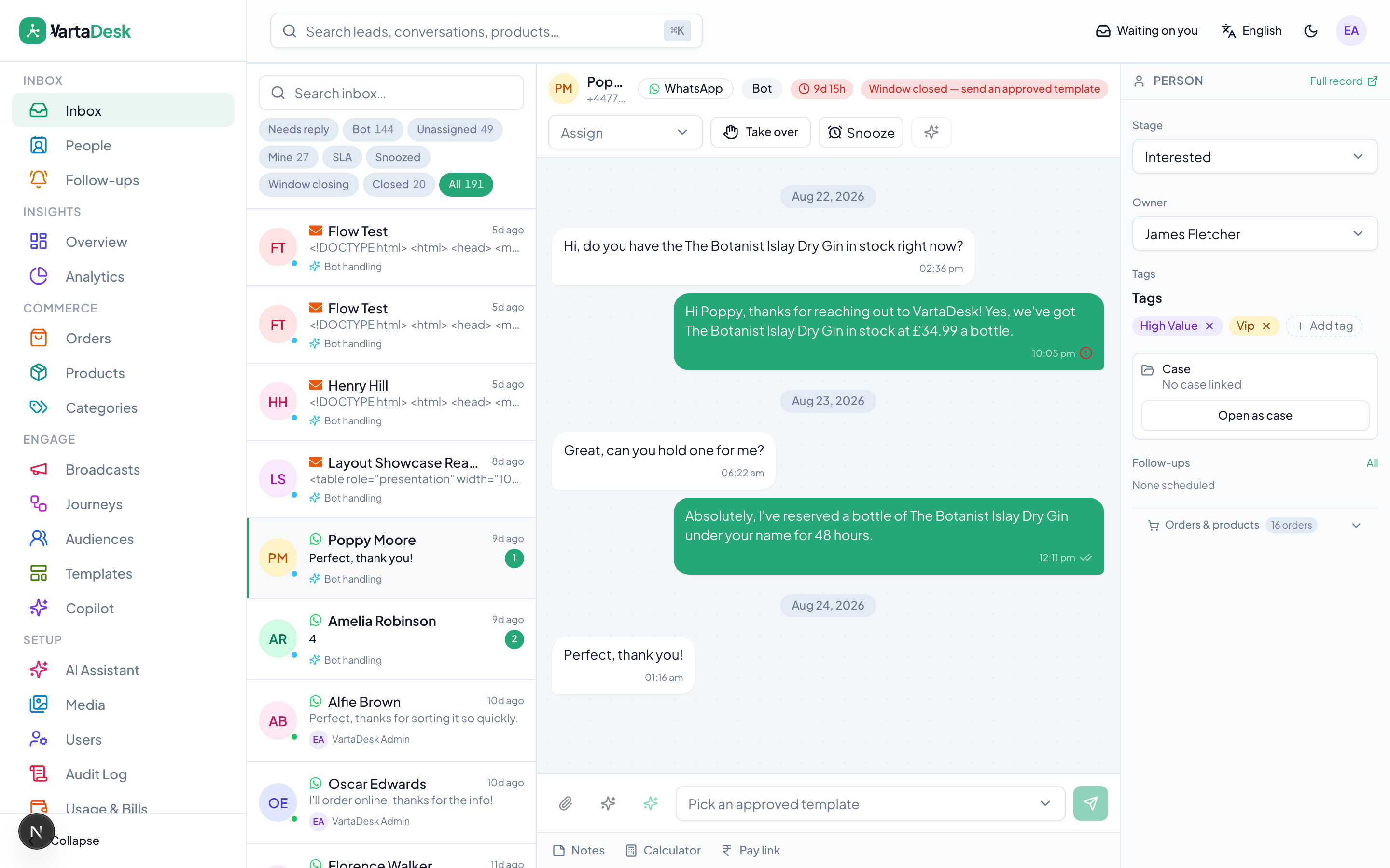 VartaDesk live inbox with WhatsApp, SMS, RCS and Email threads